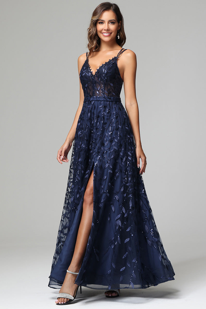 A-line Dark Navy Spaghetti Straps V-neck Lace Wedding Guest Dresses