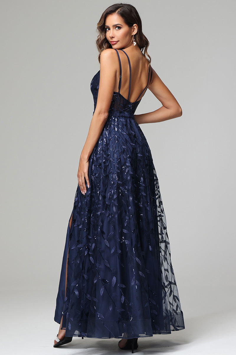 A-line Dark Navy Spaghetti Straps V-neck Lace Wedding Guest Dresses