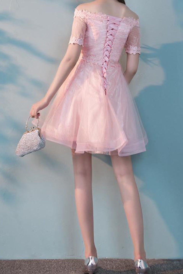 2024 A Line Boat Neck Tulle With Applique Homecoming Dresses Short Sleeves