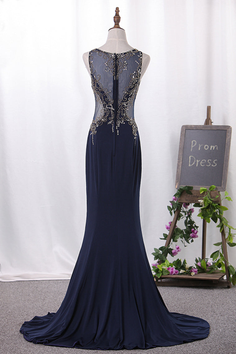 2024 Mermaid Scoop Chiffon With Beading Floor Length Prom Dresses