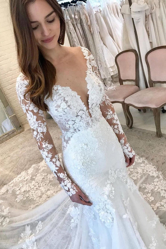 Elegant Mermaid V Neck Lace Wedding Dresses with Appliques