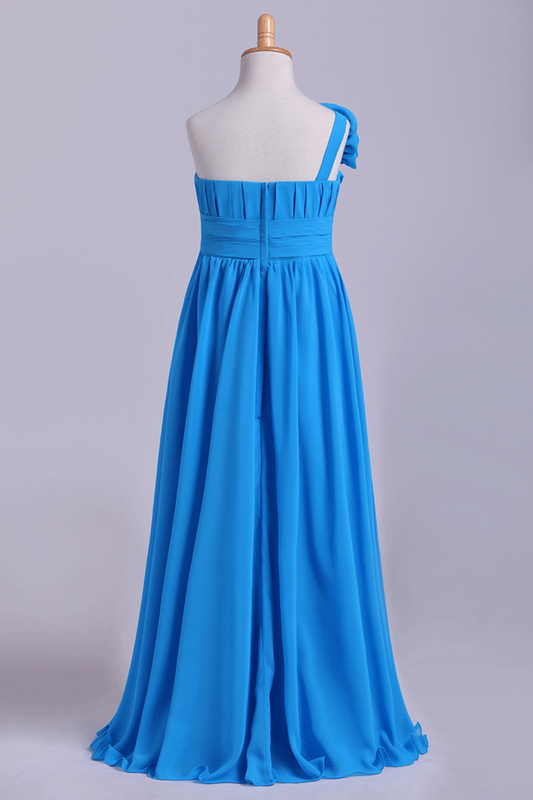 2024 Junior Bridesmaid Dresses A-Line One Shoulder Chiffon With Handmade Flower Floor Length