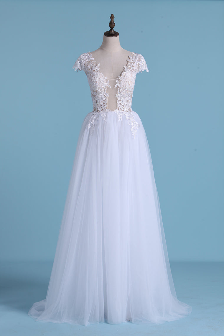 2024 Sexy Beach Wedding Dresses A-Line V-Neck Floor-Length Tulle With Slit