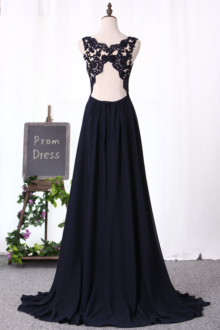 2024 A Line Prom Dresses V Neck Chiffon With Applique And Slit