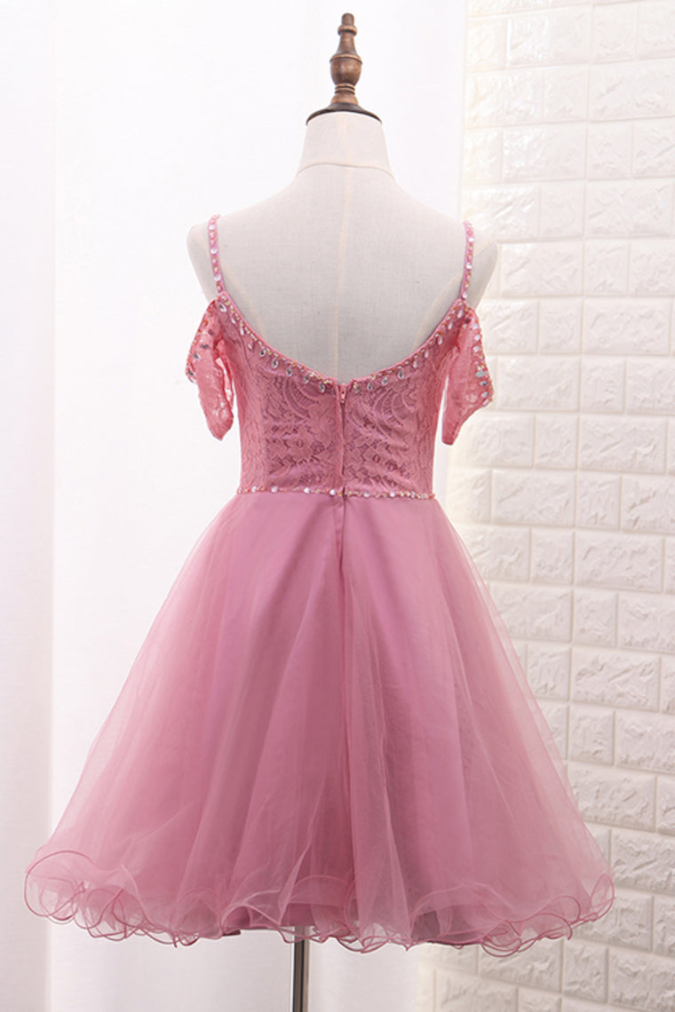 2024 Spaghetti Straps A Line Tulle & Lace With Beads Homecoming Dresses