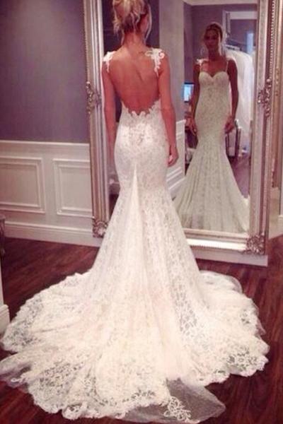 Chic Spaghetti Straps Trumpet Backless Appliques Beaded Wedding Dresses