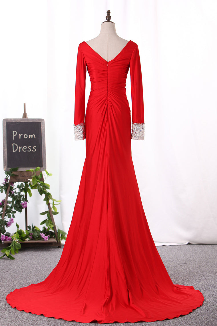 2024 V Neck Long Sleeves Mermaid Evening Dresses With Beads And Ruffles