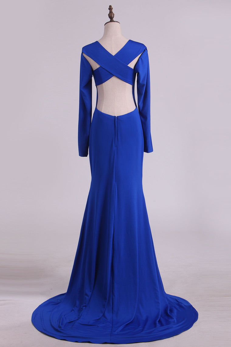 2024 Scoop Prom Dresses Long Sleeves Spandex Open Back Drak Royal Blue