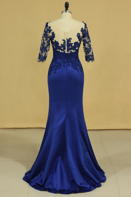 2024 Bateau Dark Royal Blue Mother Of The Bride Dresses 3/4 Length Sleeve With Applique Satin Dark Royal Blue