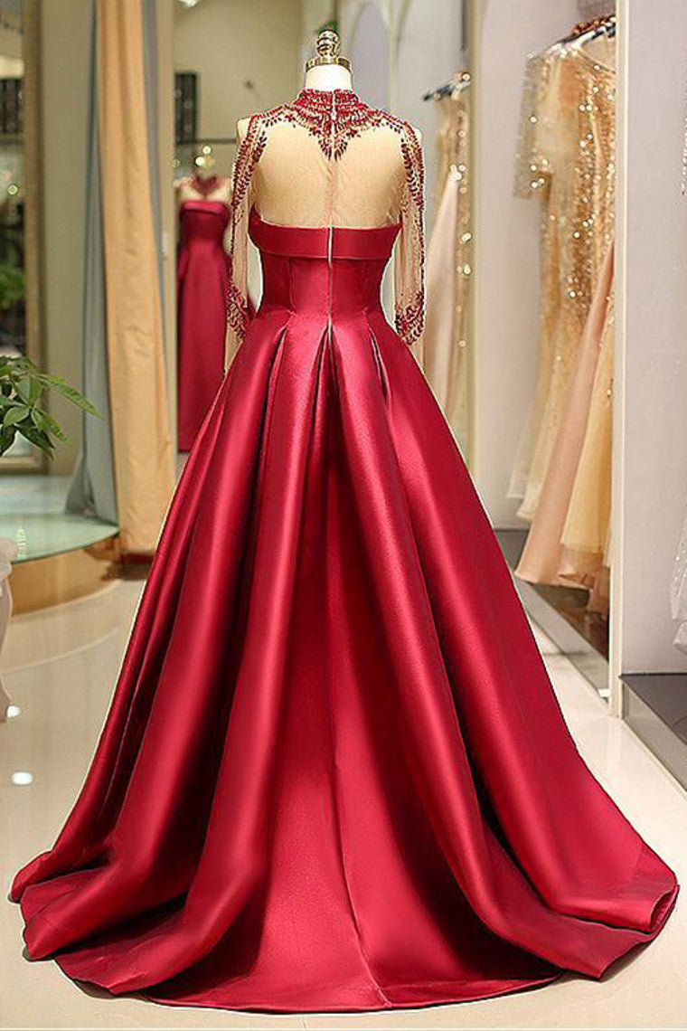 2024 Long Sleeve Prom Dresses High Neck Burgundy Long Prom Dress Satin Evening Dress