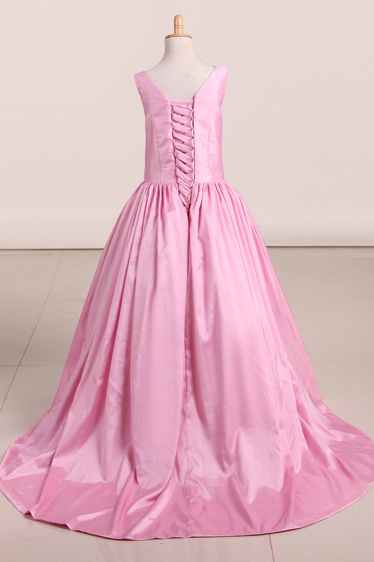 2024 New Arrival Flower Girl Dresses Scoop Taffeta With Beading A Line Sweep Train