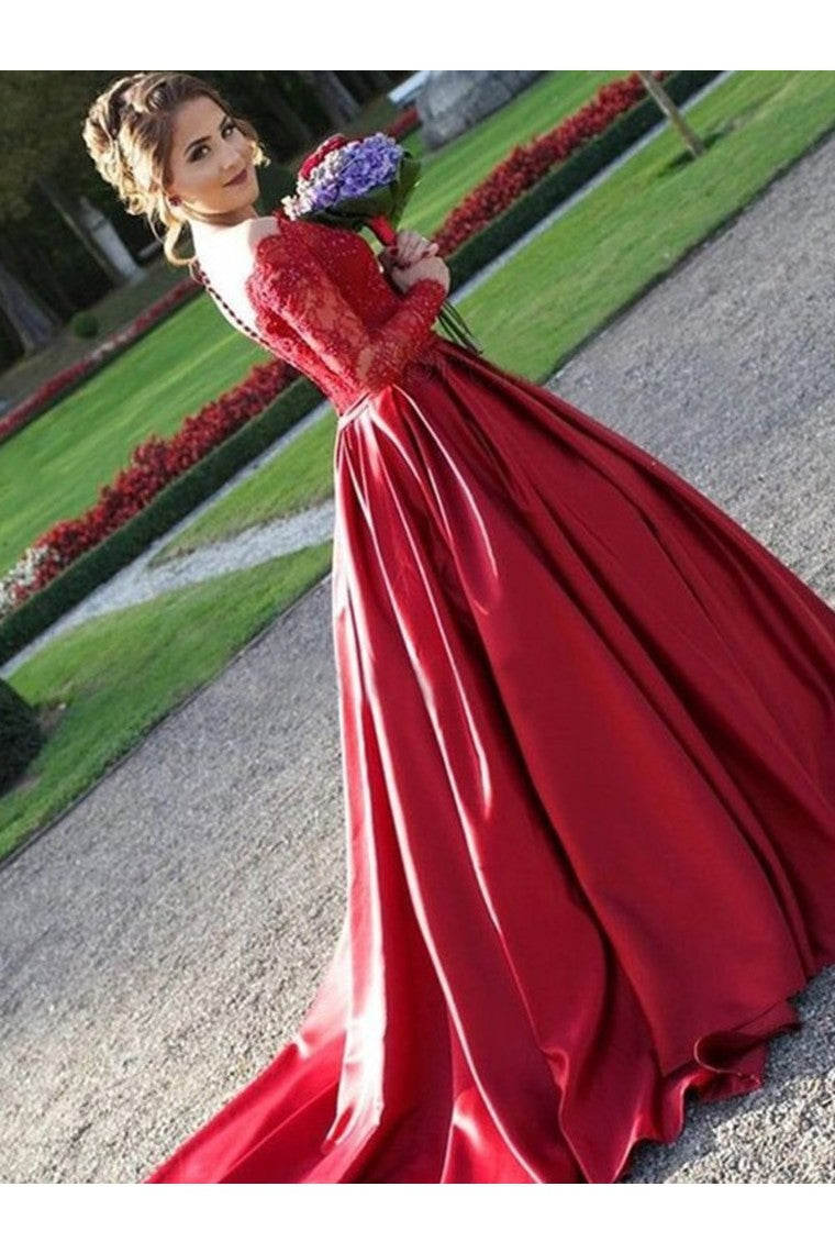 A-Line/Princess V-Neck Long Sleeves Sweep/Brush Train Lace Satin Dresses