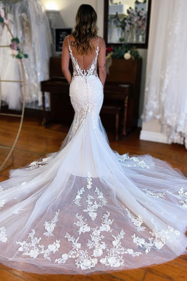 Elegant Mermaid Deep V Neck Lace Wedding Dresses with Beading