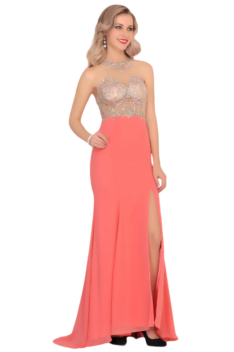 2024 Mermaid Scoop Chiffon Prom Dresses With Beads And Slit