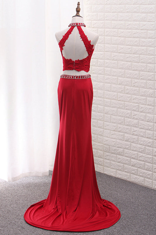 2024 High Neck Spandex Two Pieces Prom Dresses With Applique And Beads Sweep Train