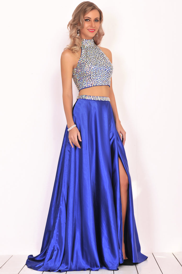 2024 Prom Dresses A Line Two Pieces With Rhinestones Stretch Satin