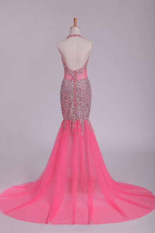 2024 Halter Prom Dresses Mermaid/Trumpet Tulle With Beading