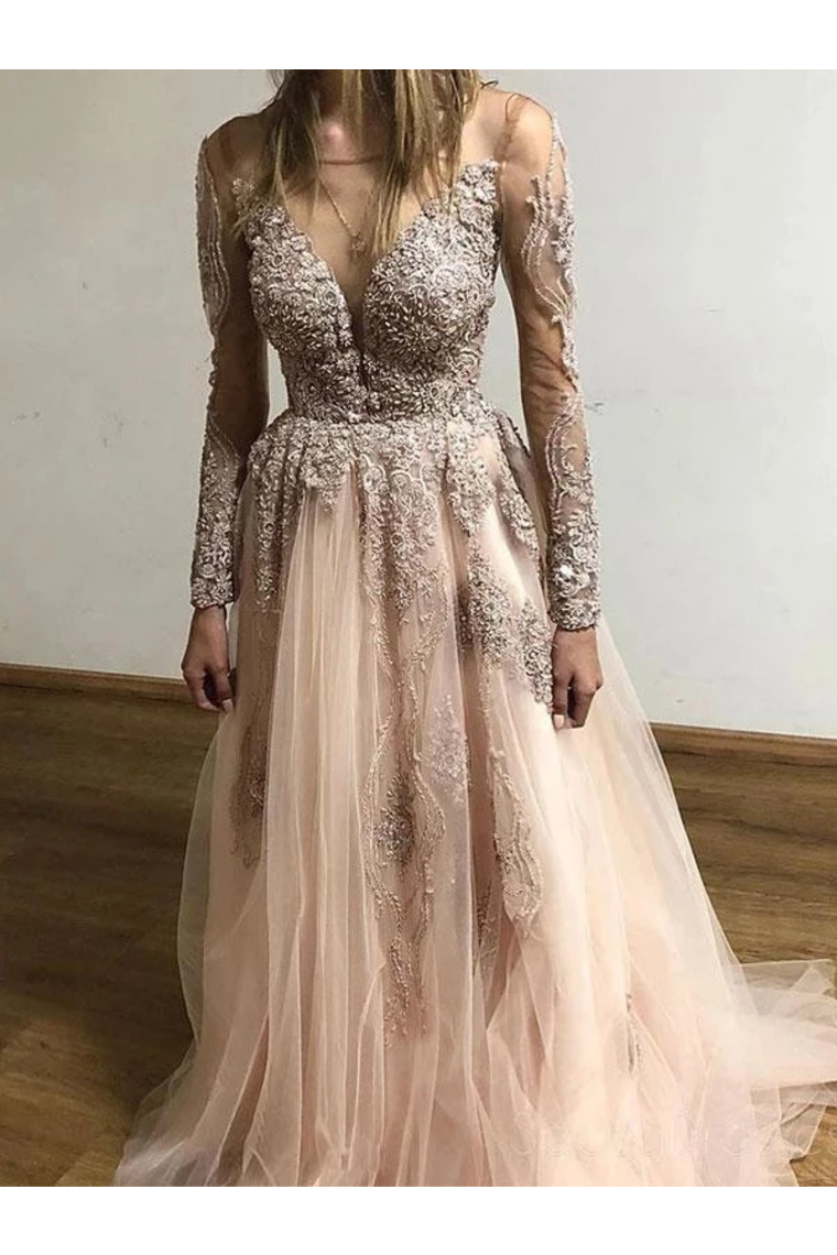 Sheer Round Neck Appliques Long Sleeves Tulle Prom Party Dresses