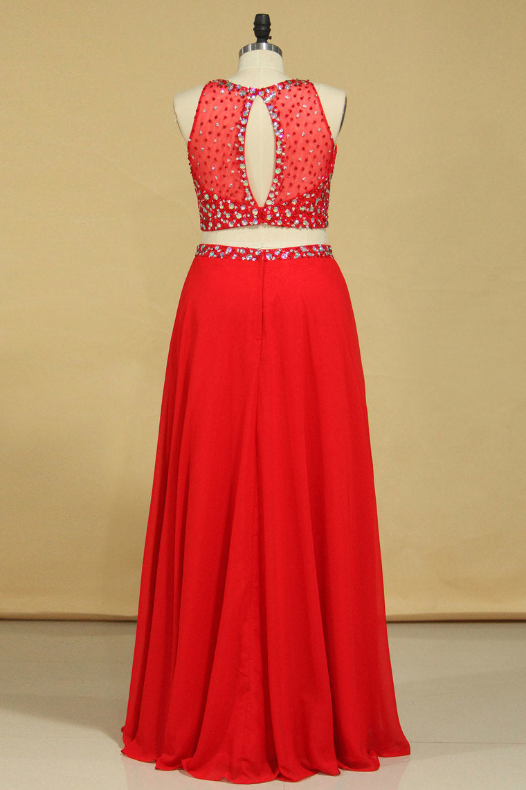 2024 Red Scoop Two Pieces A Line Prom Dresses Beaded Bodice Open Back Chiffon & Tulle