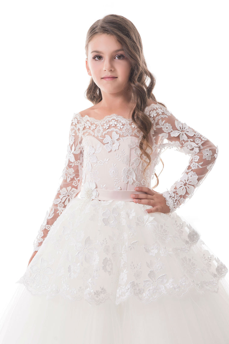 2024 Tulle Boat Neck Flower Girl Dresses A Line Long Sleeves With Applique