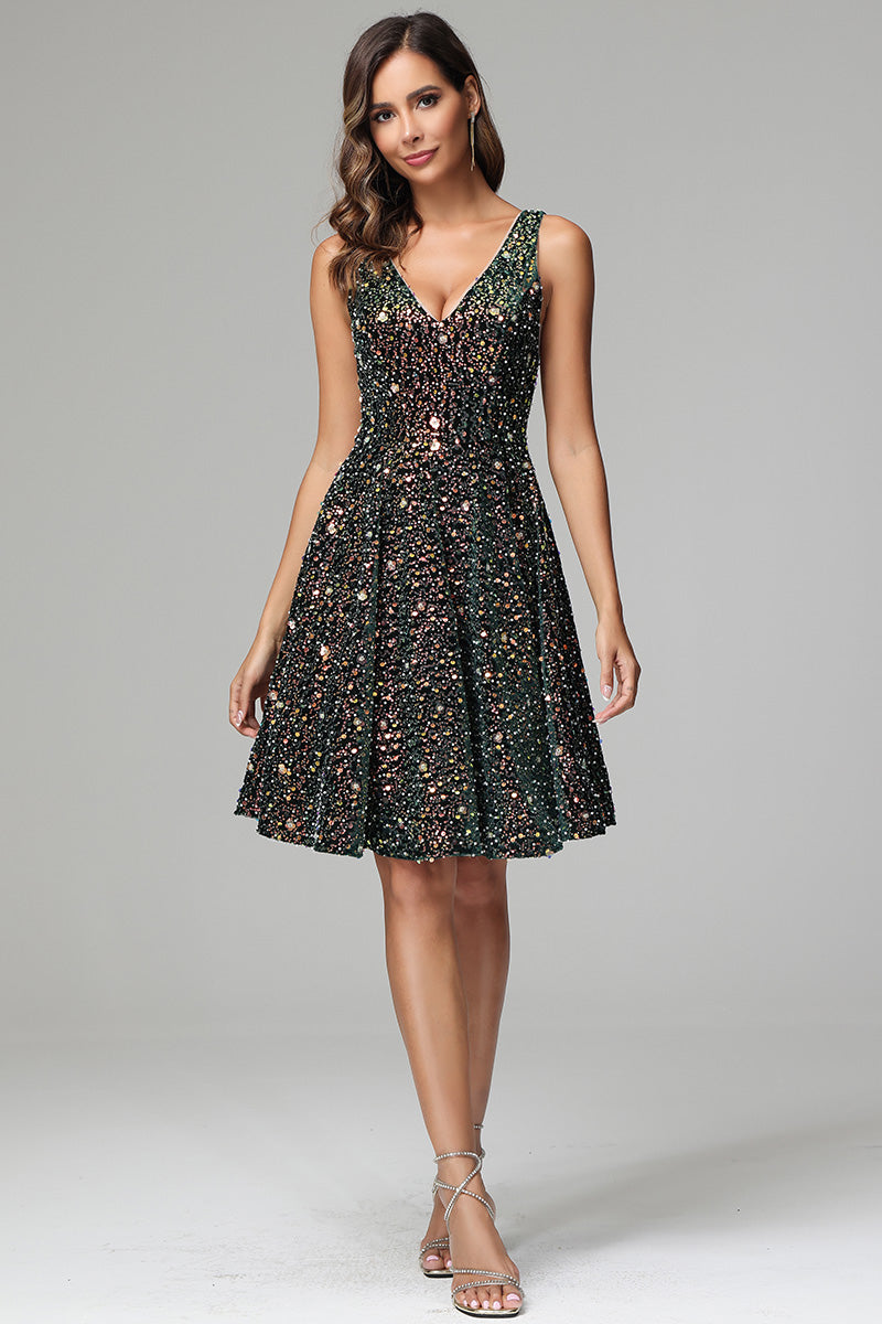 Dark Green A Line V-neck Short Sequins Homecoming Dress