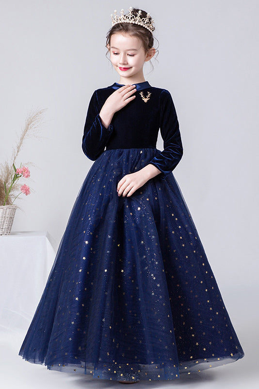 A Line Navy Blue Long Sleeves Star Tulle Flower Girl Dresses