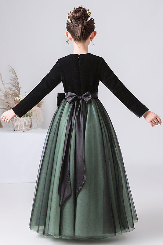 A Line Dark Green Long Sleeves Tulle Flower Girl Dresses