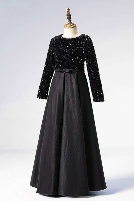 A Line Black Long Sleeves Beaded Flower Girl Dresses