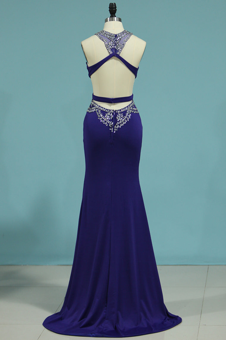 2024 New Arrival Scoop With Beads And Slit Prom Dresses Spandex Mermaid