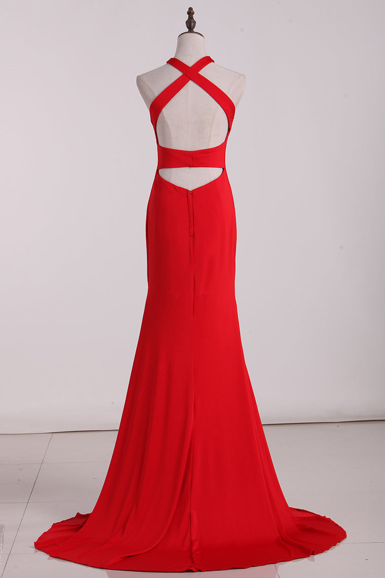 2024 Mermaid Straps Evening Dresses Spandex Sweep Train Open Back