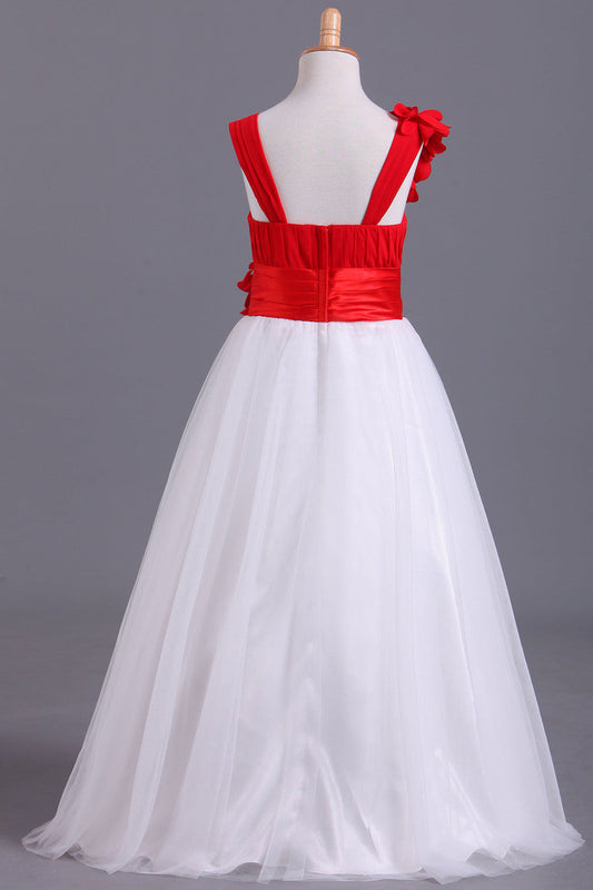 2024 Bicolor Straps A-Line Chiffon & Tulle Flower Girl Dresses With Ruffles