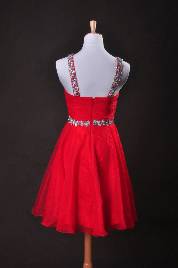 Red  A Line V Neck  Short/Mini Organza Cz