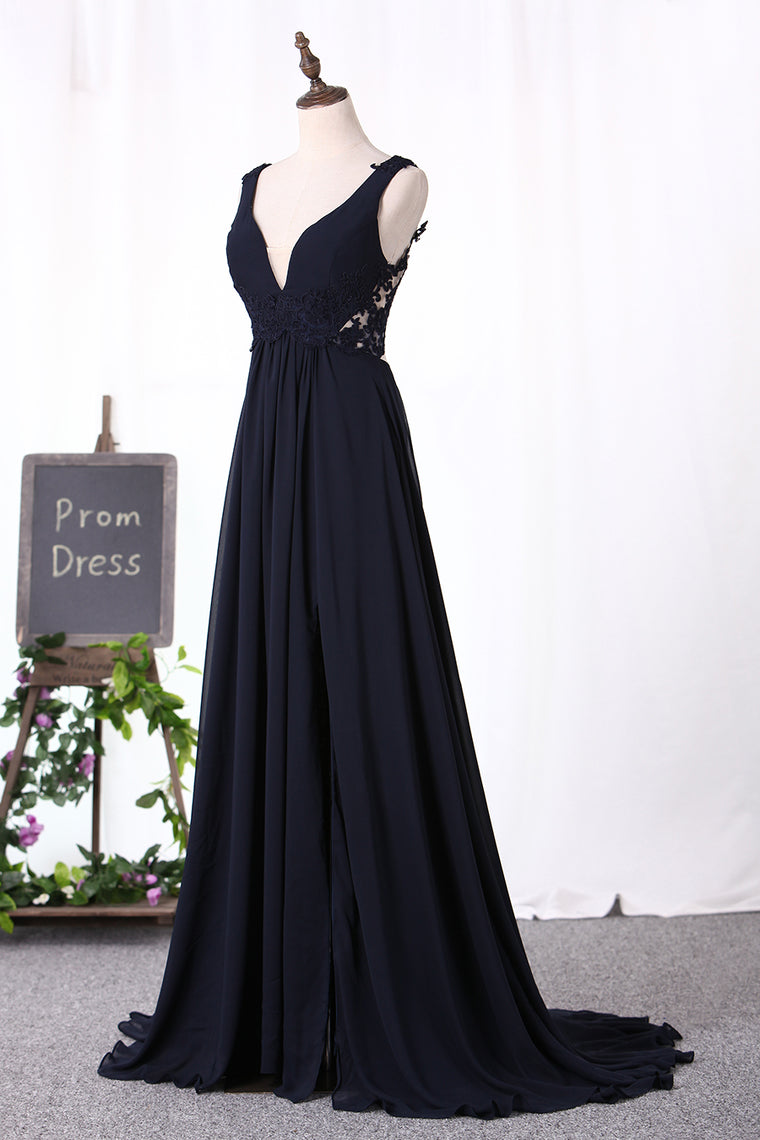 2024 A Line Prom Dresses V Neck Chiffon With Applique And Slit