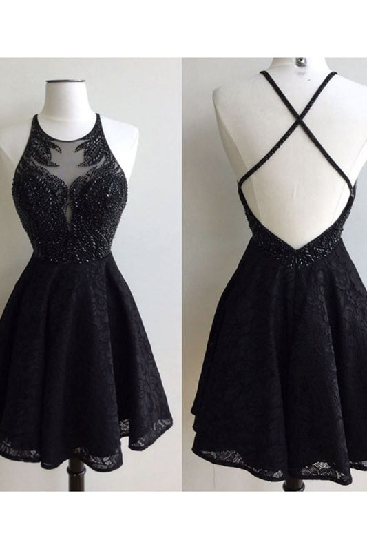 2024 Sexy Open Back Scoop Beaded Bodice Homecoming Dresses A Line Lace