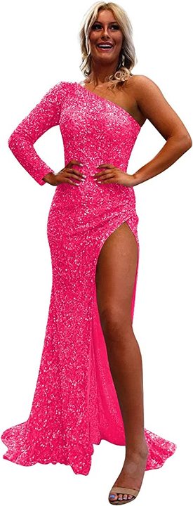 Sparkle One Shoulder Long Sleeve Side Split Prom Dresses