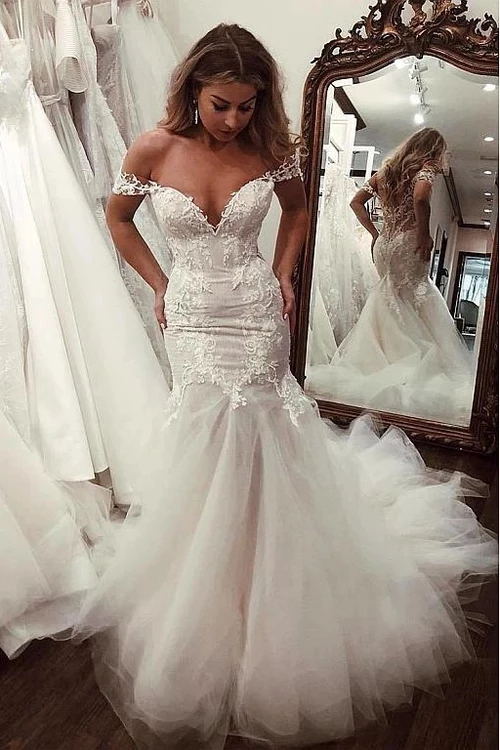 Beauty Off Shoulder Sheath Lace Appliques Wedding Dresses Bridal Dresses