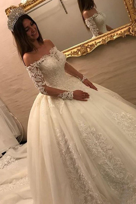 Off Shoulder Long Sleeves Open Back Lace Wedding Dresses with Chapel Train