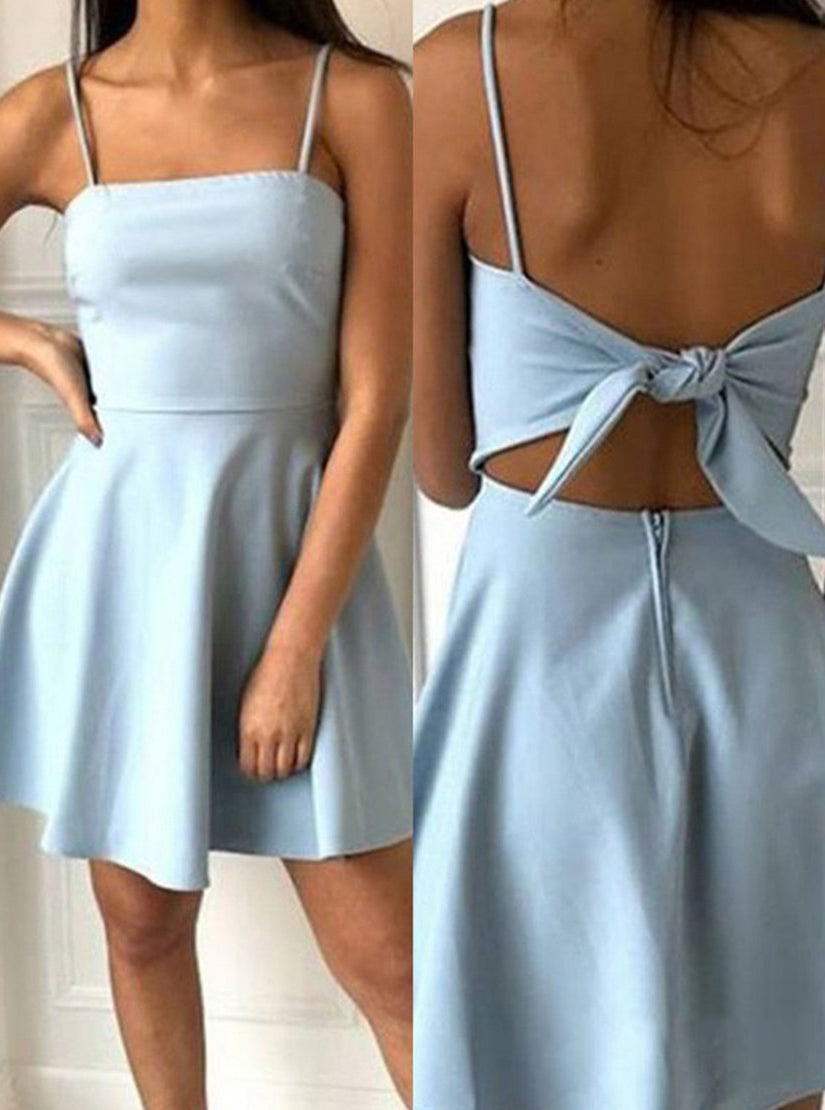 Blue A-Line Spaghetti Straps Short Satin Homecoming Dresses