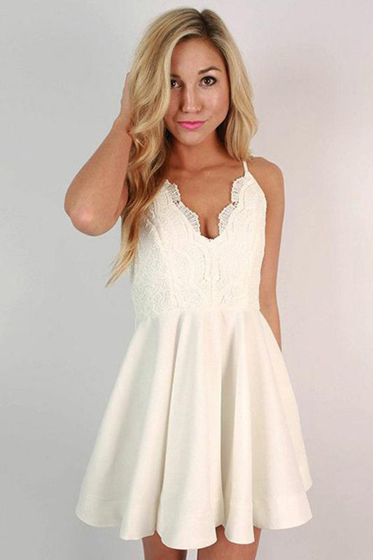 Cute Lace Spaghetti Strap V-neck A Line Homecoming Dresses